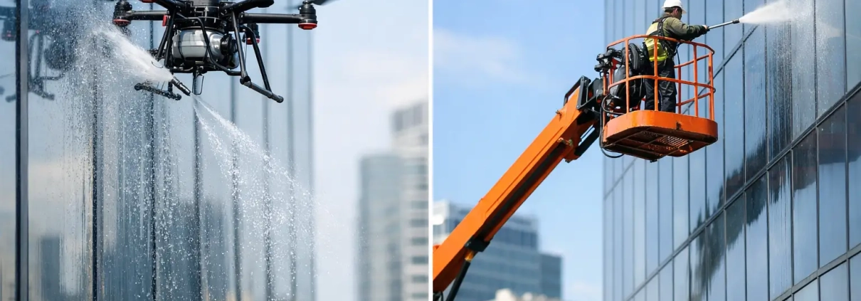 Drone Washing Versus Boom Lifts for Tall Buildings